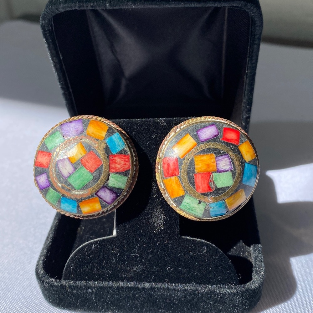 Vintage brass mosaic inlaid style earrings
